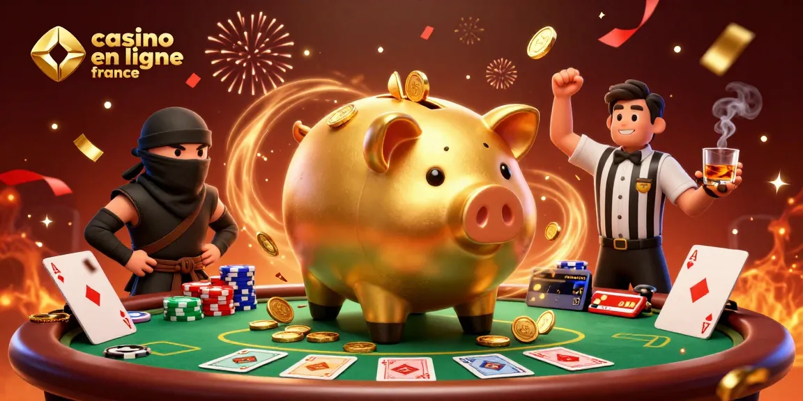 Illustration dynamique représentant un casino en ligne France avec un sumo cochon d'or et des éléments de poker.