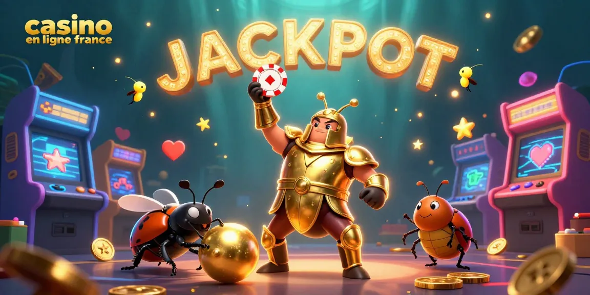 Illustration 3D d'un scarabée en armure dorée célébrant un jackpot dans un casino en ligne France.