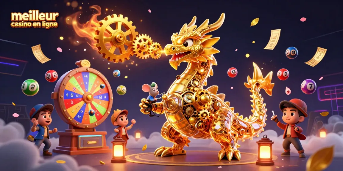 Illustration 3D d'un dragon doré mécanique dans un meilleur casino en ligne, entouré de boules de loto et de tickets d'or.
