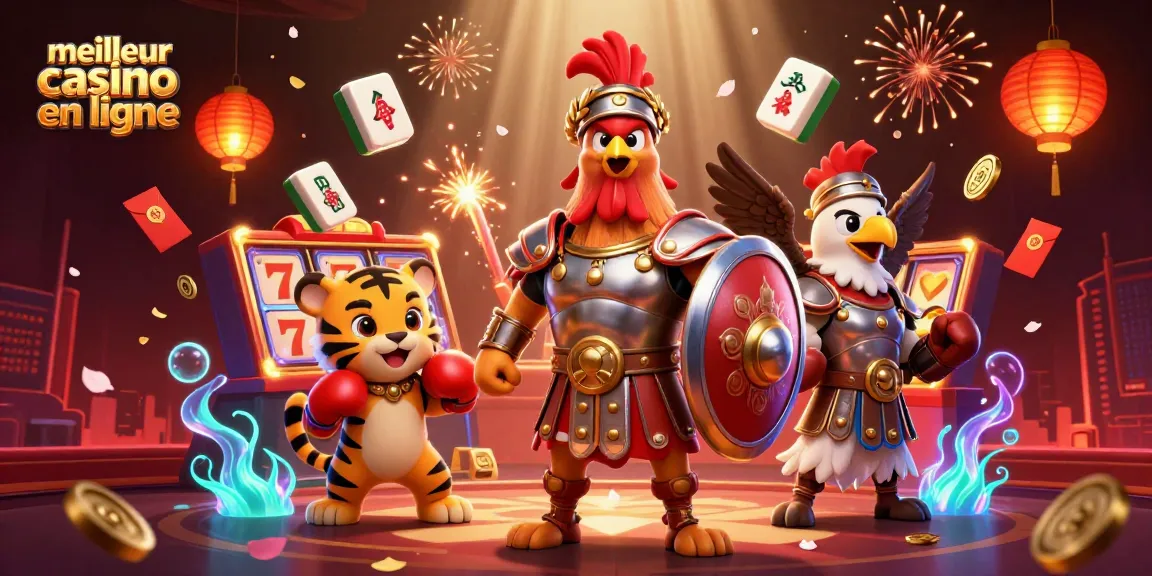 Visualisez le meilleur casino en ligne avec un coq gladiateur et des éléments dynamiques de jeu.