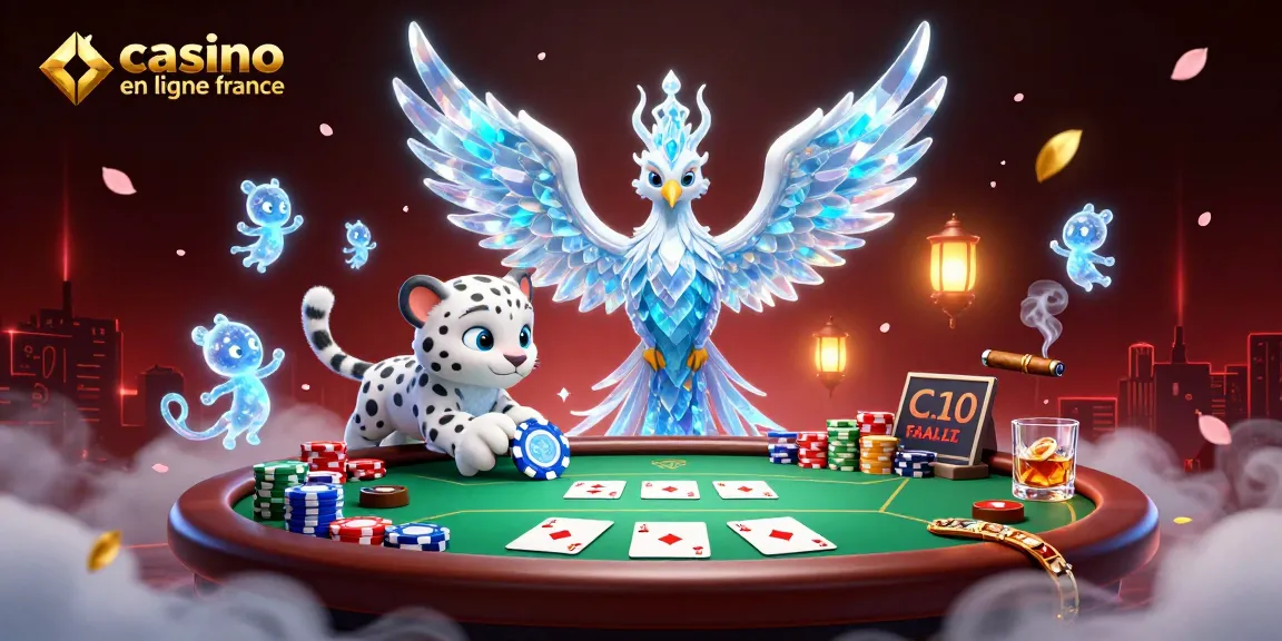 Illustration d'un casino en ligne France avec un phénix de glace et un léopard des neiges, entouré de jetons de poker colorés.