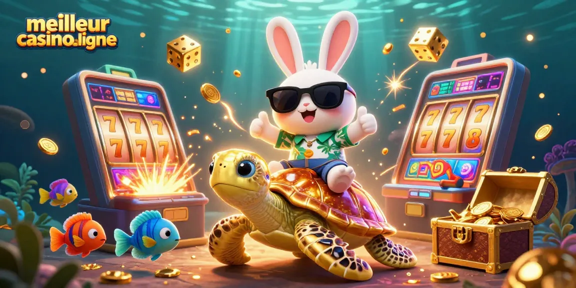 Illustration 3D montrant le meilleur casino en ligne avec un lapin chanceux et une tortue dorée.