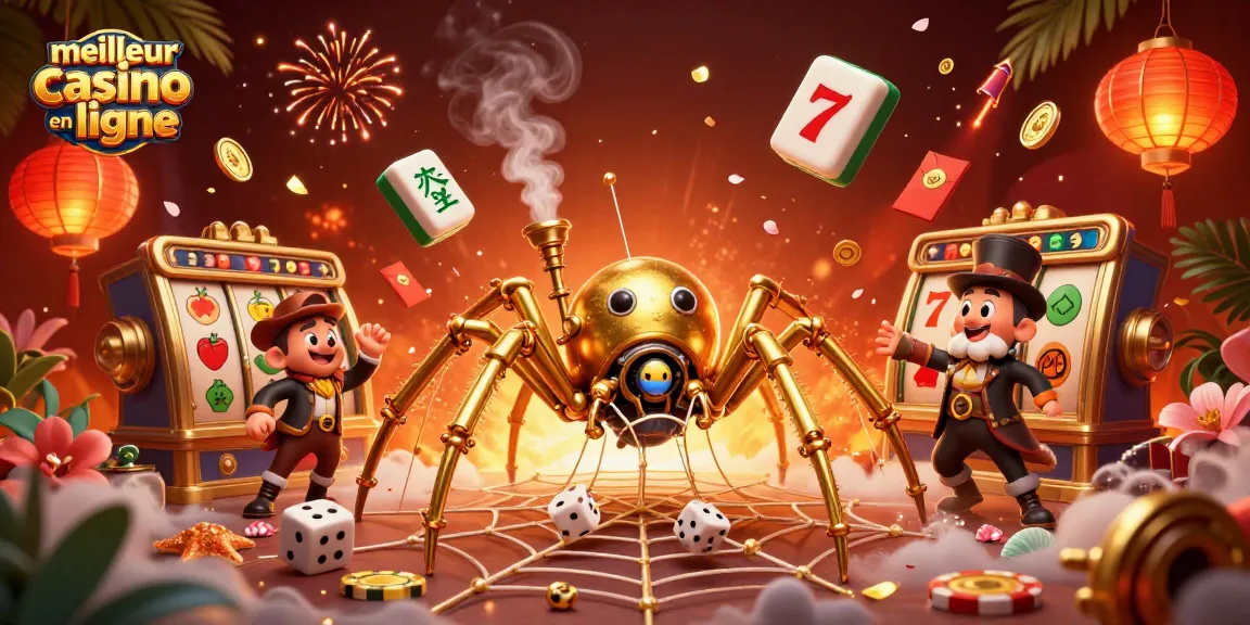 Célébrez le meilleur casino en ligne avec une illustration steampunk animée capturant un homme volant piégé au centre d'une toile en or.