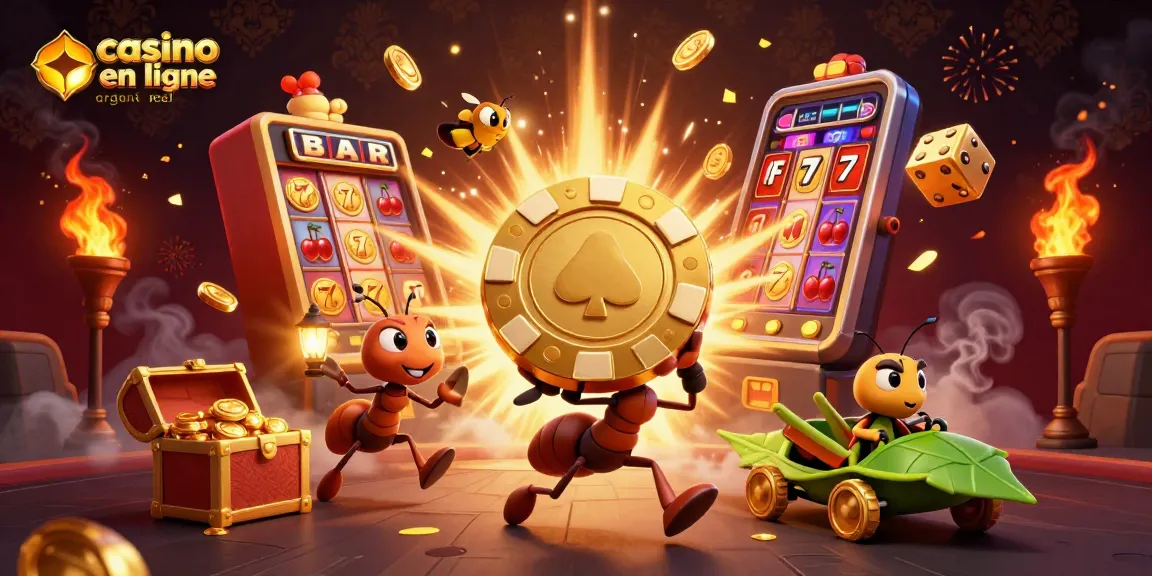 Jouez dans un casino en ligne argent réel avec une illustration dynamique d'un groupe d'insectes en pleine aventure.