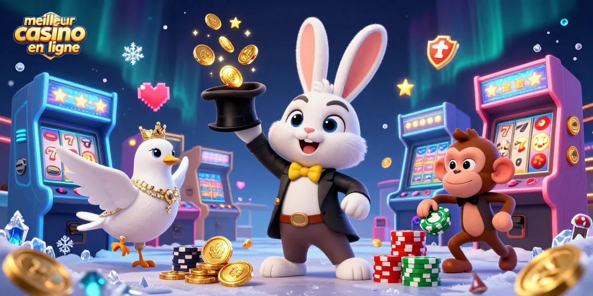 Illustration d'un meilleur casino en ligne avec un magicien, une colombe scintillante et un singe espiègle jouant aux jeux d'arcade.
