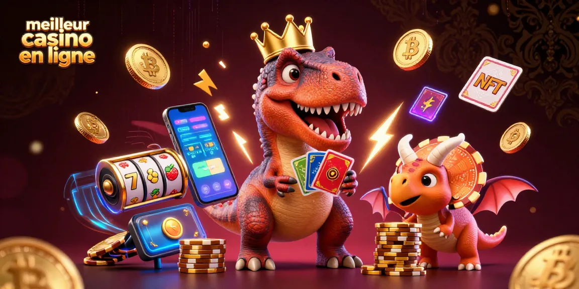 Le meilleur casino en ligne, un T-Rex jouant aux cartes avec des pièces de crypto-monnaie et des jetons dorés.