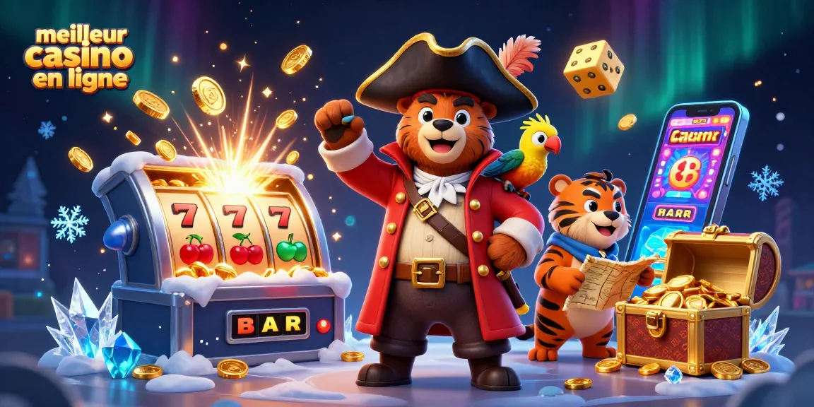 Découvrez le meilleur casino en ligne avec un ours capitaine vêtu de rouge entouré de jeux d'argent.