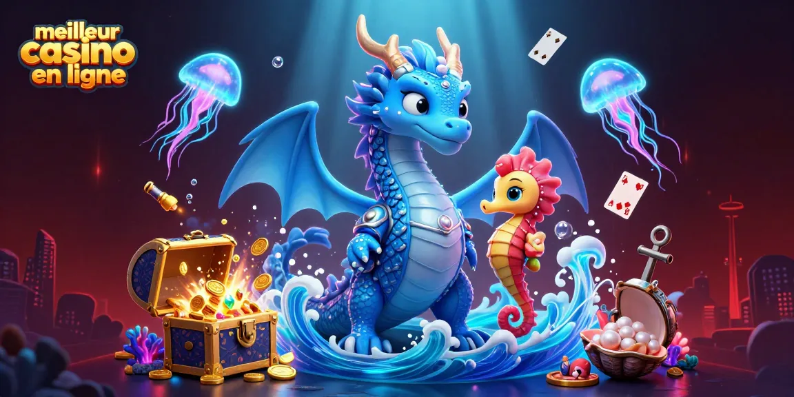 Illustration d'un dragon de mer symbolisant le meilleur casino en ligne avec trésor sous-marin et jeux de cartes