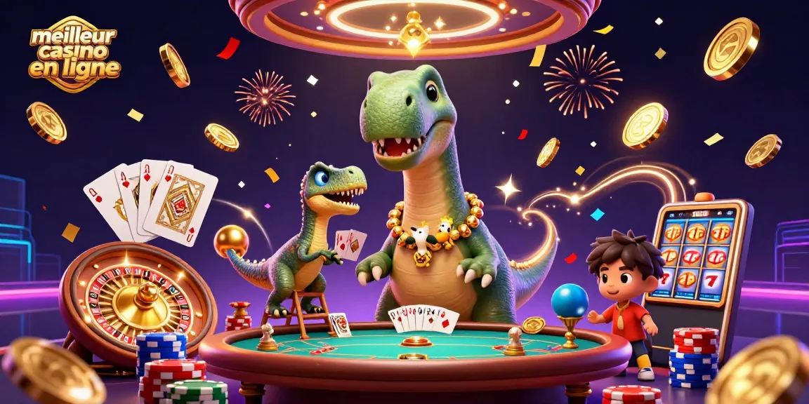Vivez l'expérience du meilleur casino en ligne avec un brontosaurus et un rapace distribuant des cartes.