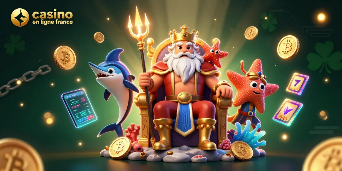 Illustration flamboyante d'un roi des mers entouré de pièces de crypto, représentant un casino en ligne France