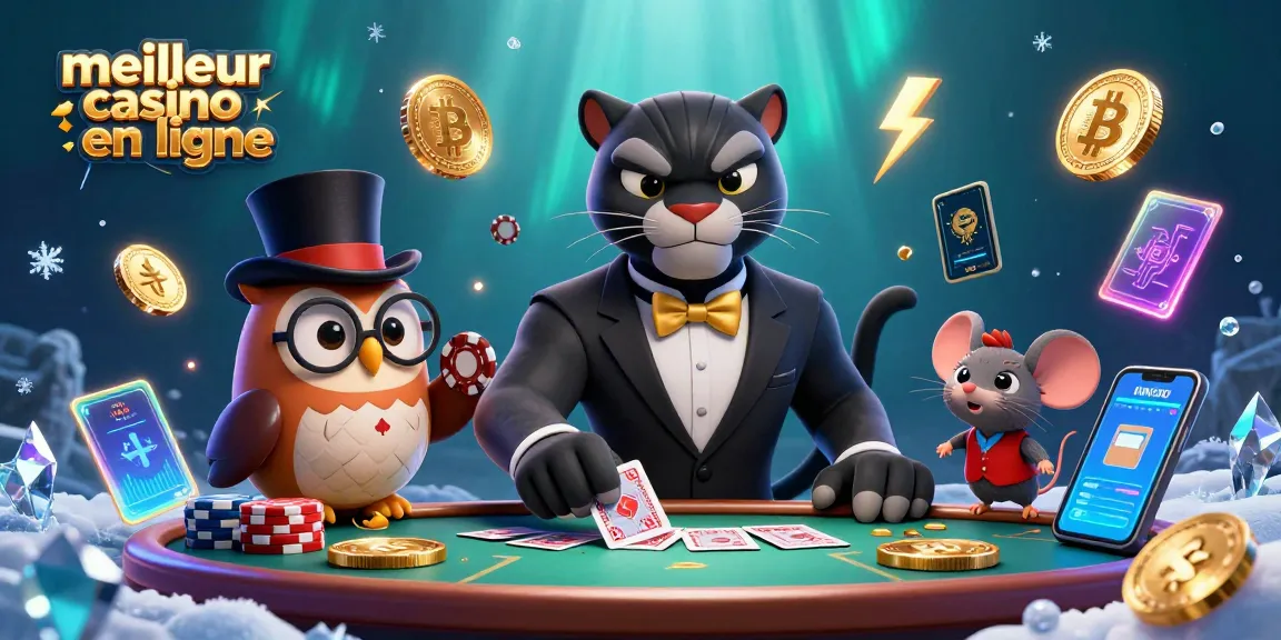 Visitez le meilleur casino en ligne avec un panthère élégant distribuant des cartes et un hibou ludique tenant des jetons.