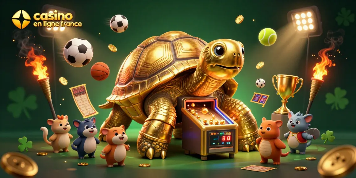 Découvrez le casino en ligne France avec une illustration captivante de tortue dorée et éléments sportifs.