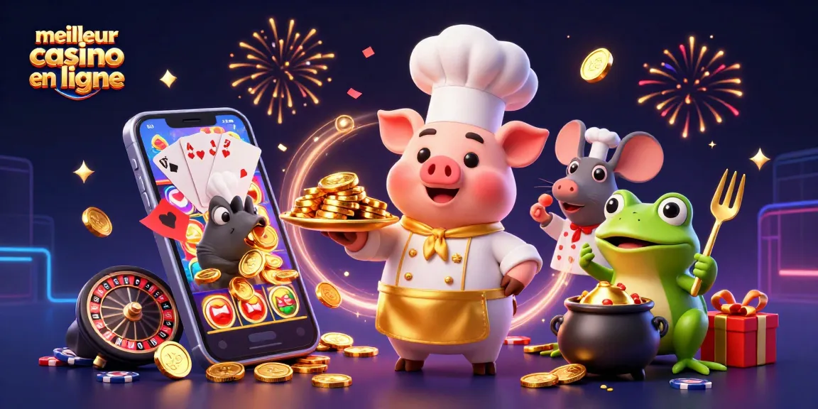 Illustration 3D mettant en avant le meilleur casino en ligne avec un chef porc et des éléments de jeu vibrant.