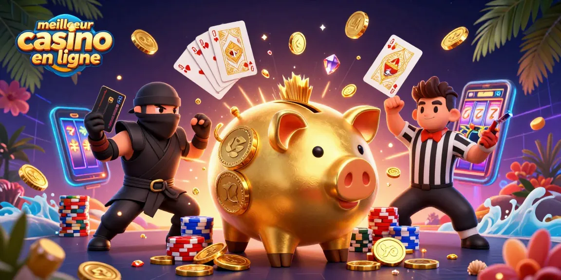 Profitez de l'excitation du meilleur casino en ligne avec un sumo portant une tirelire en or et des éléments de jeu captivants.