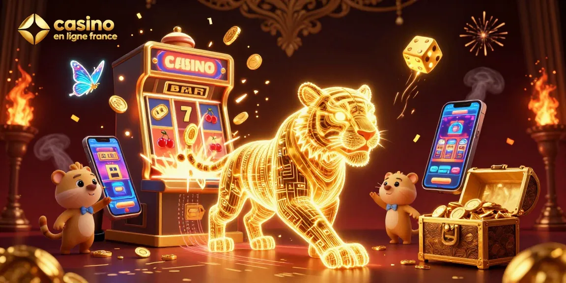 Jouez à un casino en ligne France avec un tigre lumineux dans un paysage de jeux animé.