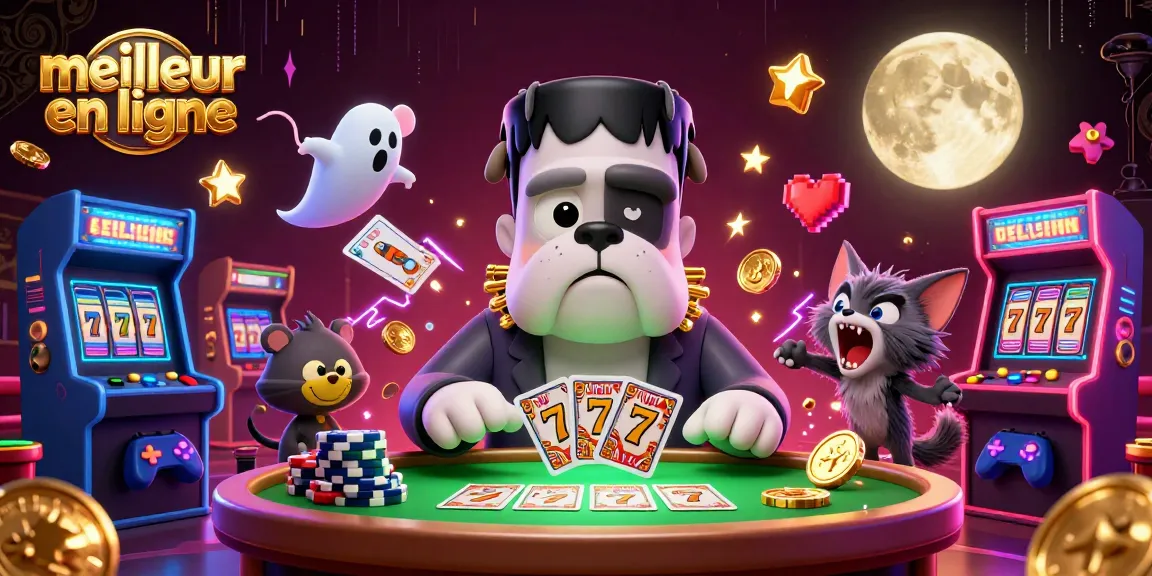 Découvrez le meilleur casino en ligne avec un bulldog Frankenstein et un chat loup dans un décor de casino animé.