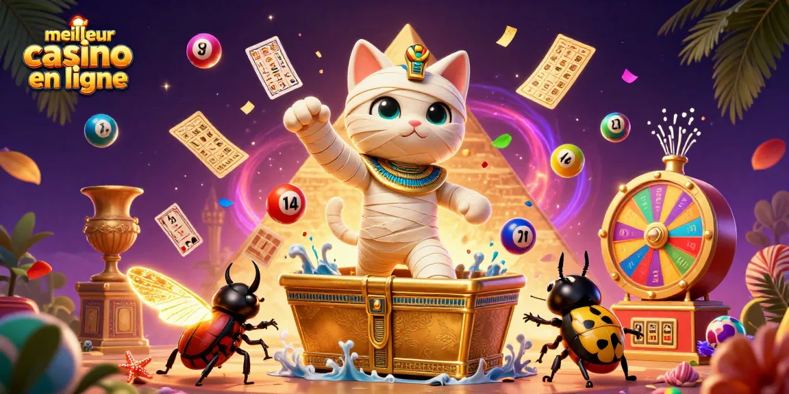 Plongez dans l'univers du meilleur casino en ligne avec une illustration d'un chat momie égyptien et un scarabée doré.