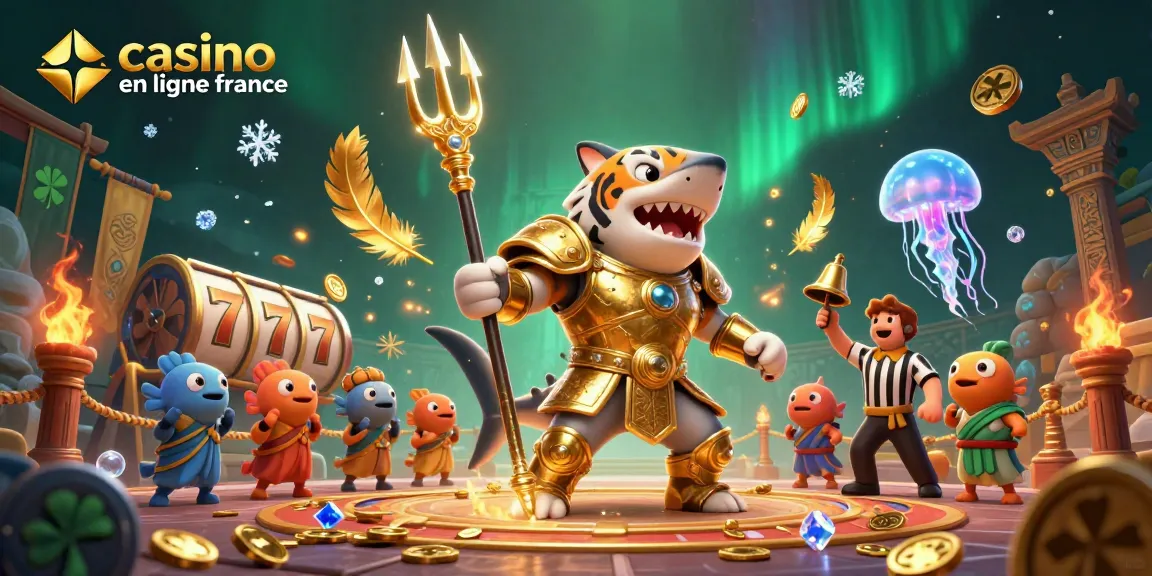 Illustration de casino en ligne France montrant un requin-tigre en armure de gladiateur avec des rouleaux de machine à sous.