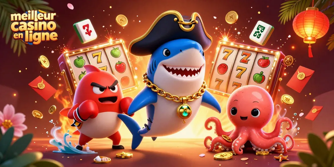 Visuel illustrant le meilleur casino en ligne avec un requin pirate et un poulpe mignon, riches en pièces d'or.