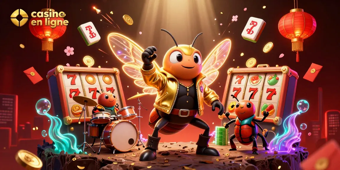 Jouez à casino en ligne avec des symboles de machine à sous et une ambiance festive.