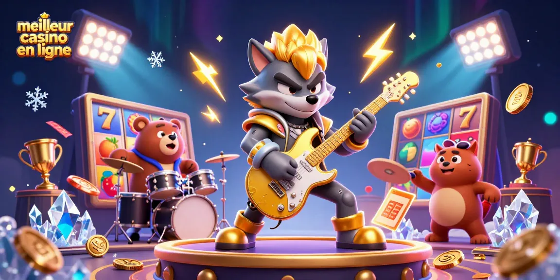 Meilleur casino en ligne : une illustration dynamique de jeux de machines à sous avec un loup musicien et un ours batteur.