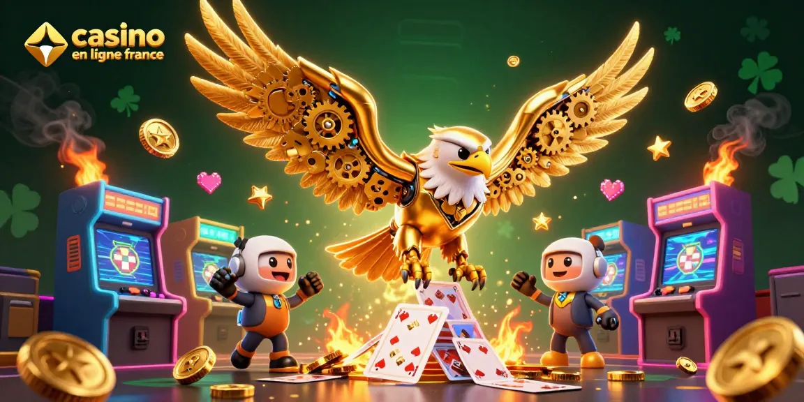 Casino en ligne France : Plongez avec un aigle futuriste au milieu de cartes flottantes.