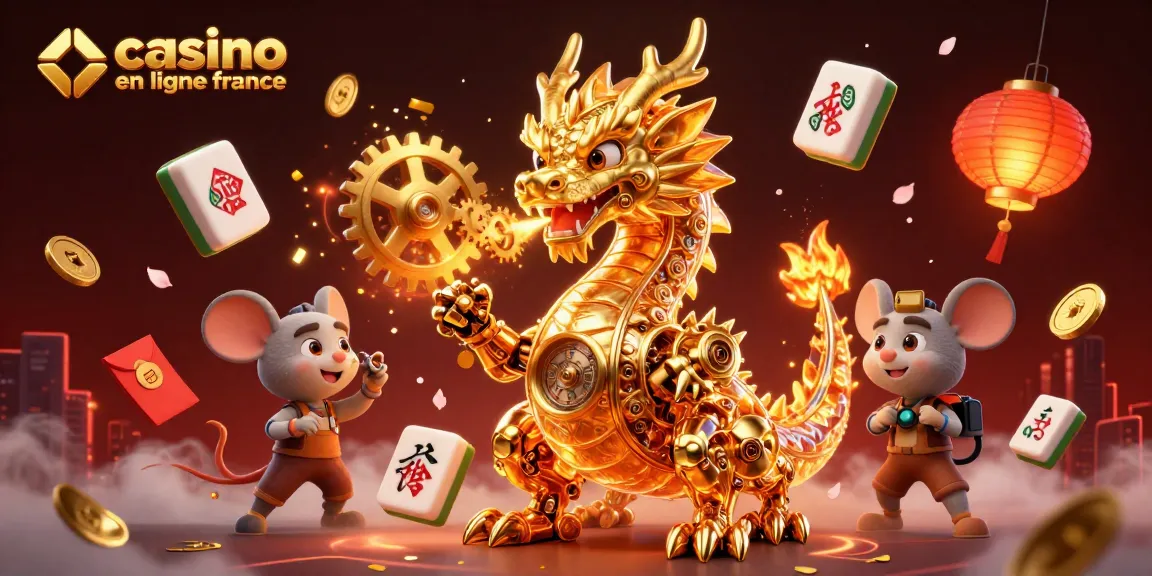 Illustration de jeux captivante avec un dragon et des éléments de casino en ligne France, offrant de riches visuels.