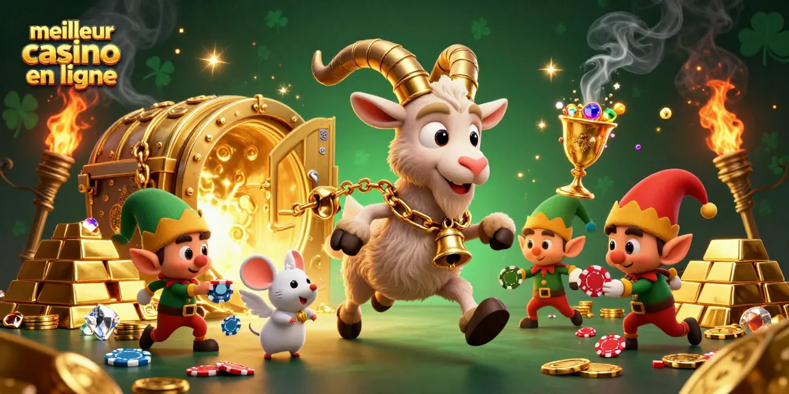 Vivez l'expérience du meilleur casino en ligne avec Krampus et des elfes joueurs dans une scène festive.