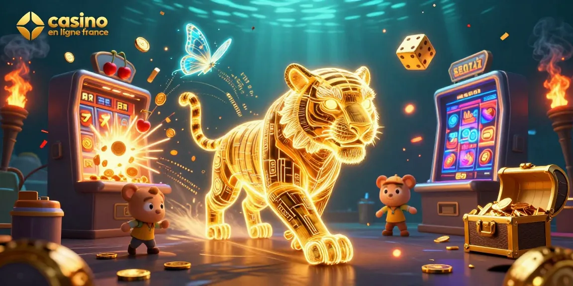 Illustration animée d'un casino en ligne France avec un tigre en néon et des éléments de jeux de casino.