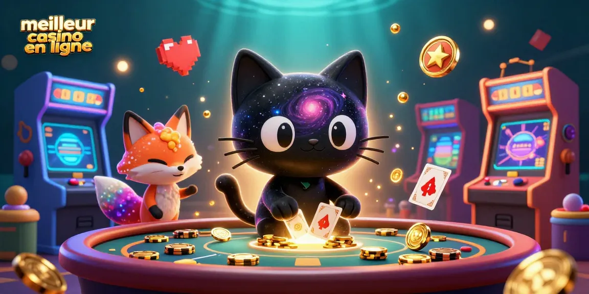 Illustration captivante d'un meilleur casino en ligne avec un chat de trou noir et un renard nébuleux attirant des jetons d'or.